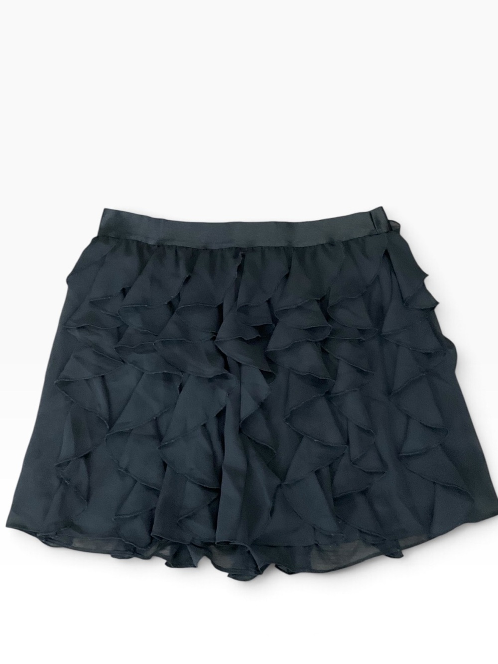 Express Women’s Black Ruffle Chiffon lined Mini Skirt Size Small Petite EUC